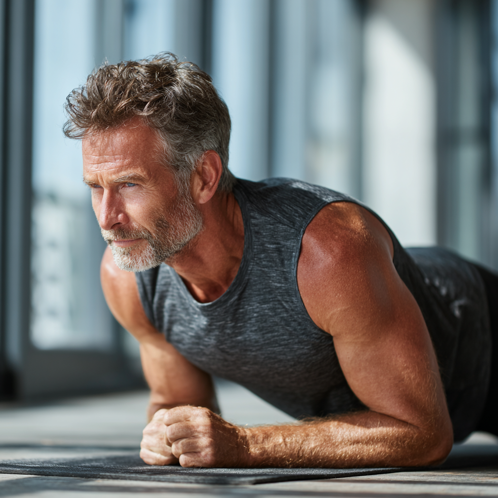 Mature man in his 50s doing plank exercise in a bright fitness studio, showing determination and focus